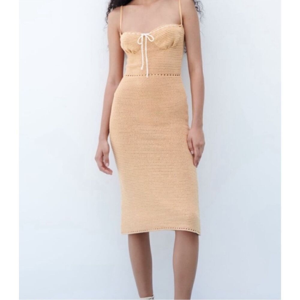 NWT Zara Beige Tie Detail Knitted Midi Dress Size Small